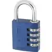 Blaues Zahlenschloss mit vier Zahlenscheiben, jede von 0 bis 9 nummeriert. Markierung 'ABUS' und Modellnummer '145/40'.